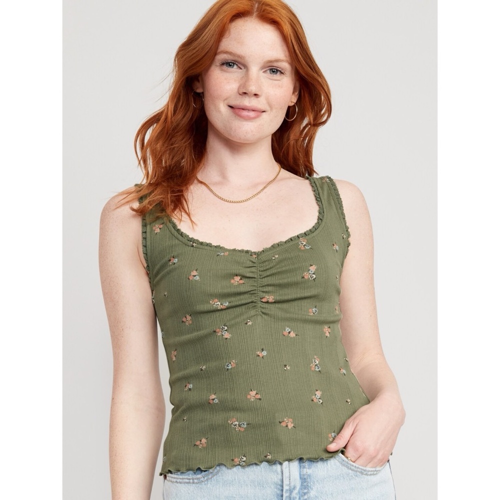 NWOT Old Navy Rib-Knit Lettuce-Edge Cami Top Floral Olive Green